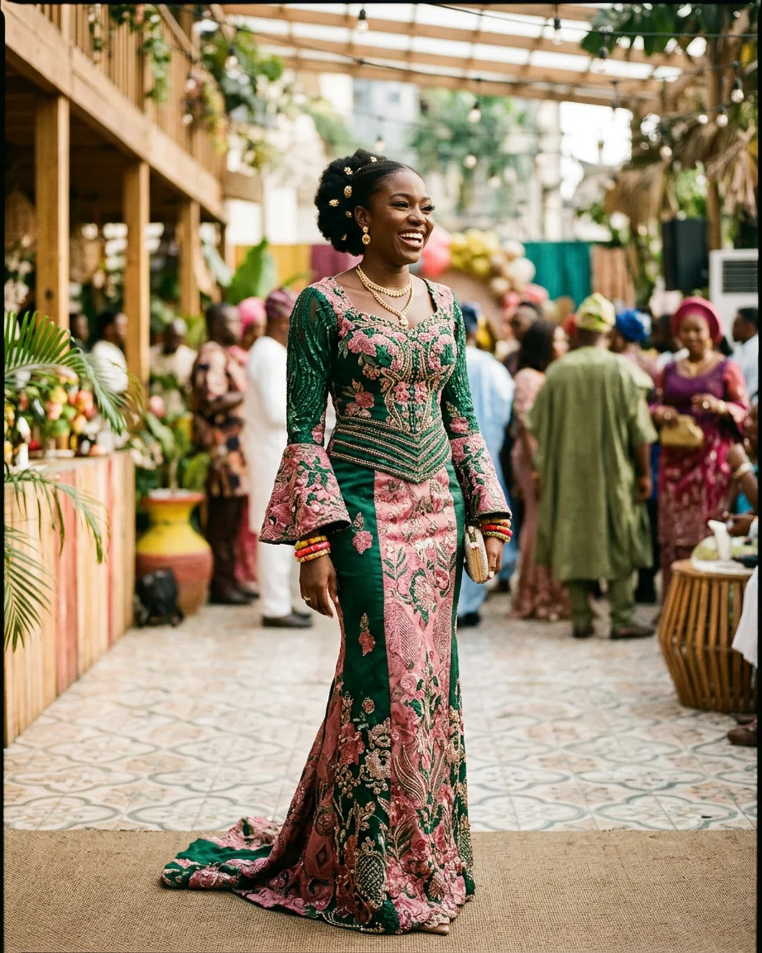 Woman in bespoke gown by Favour P Stitches
